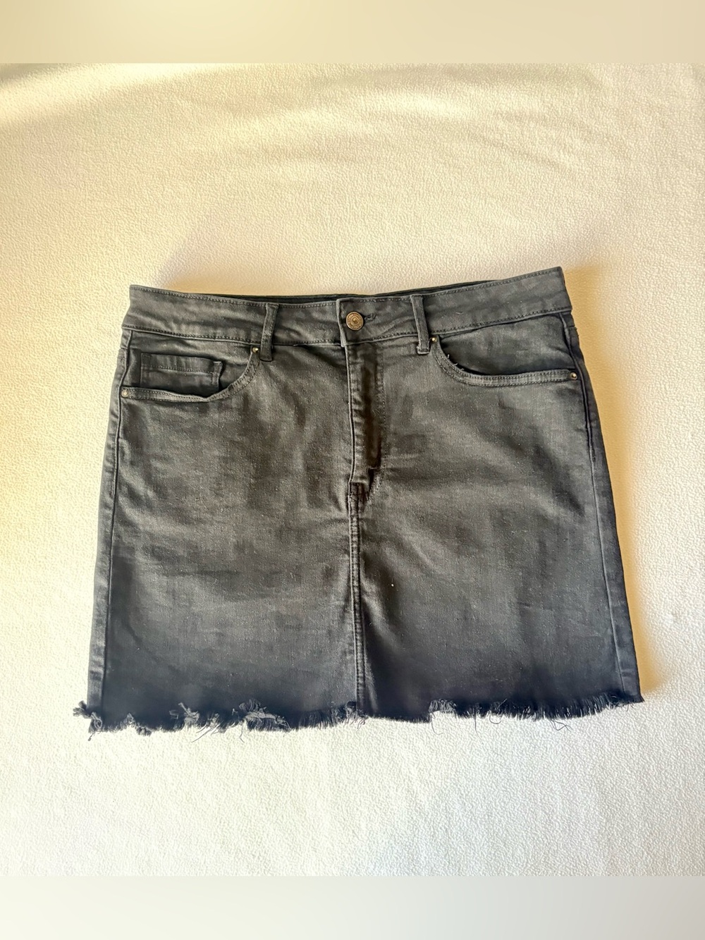 Black Denim Frayed Mini Skirt